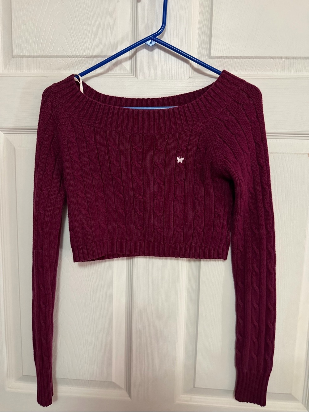 Aeropostale Burgundy Off-Shoulder Cable Knit Sweater
